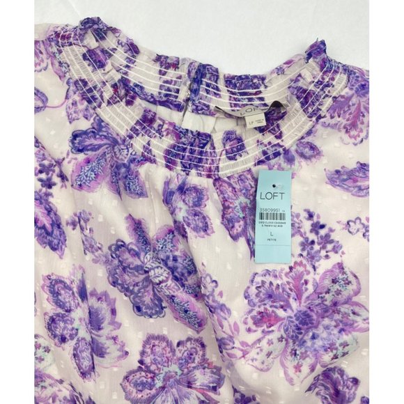 LOFT Women Petite Floral Clip Smocked Puff Sleeve Blouse Large - Picture 13 of 16
